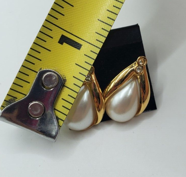 AVON Tear Drop Faux Pearl Two Rhinestone Gold Tone Pierced Earrings Signed