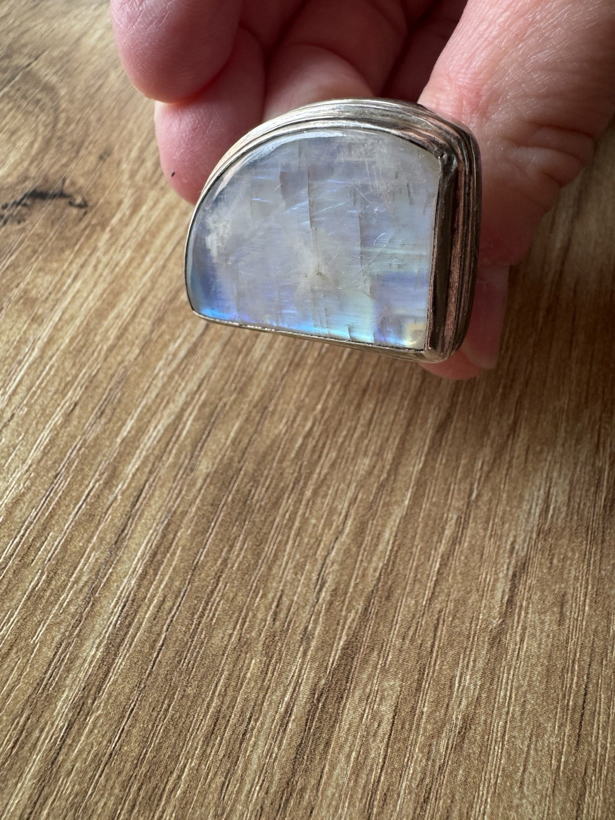 Vintage Silver Moonstone Asymmetrical Cabochon Bezel Set Statement Ring Size 8.5