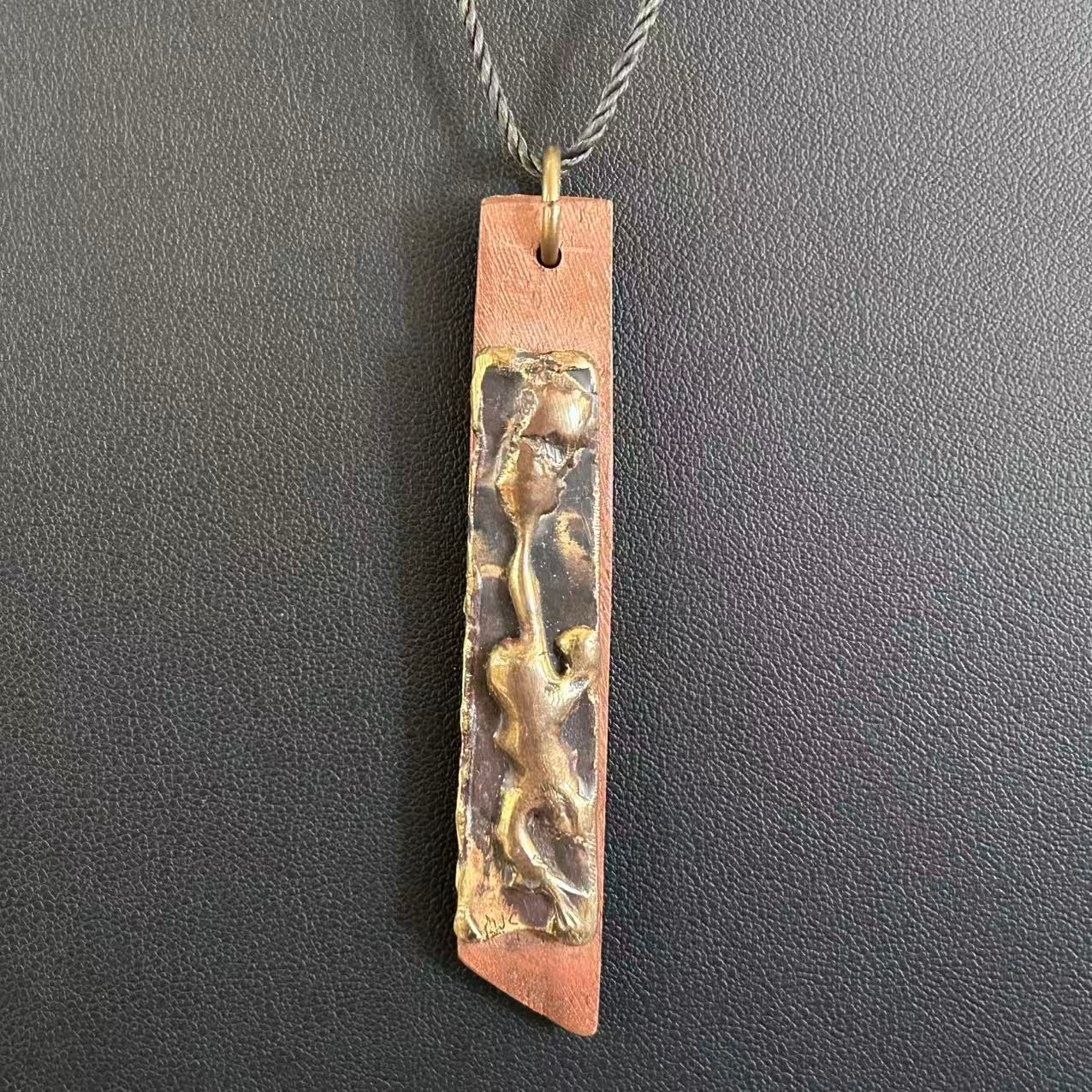 Vintage Signed MJC Brutalist Modernist Abstract Pendant Necklace Bronze Tone