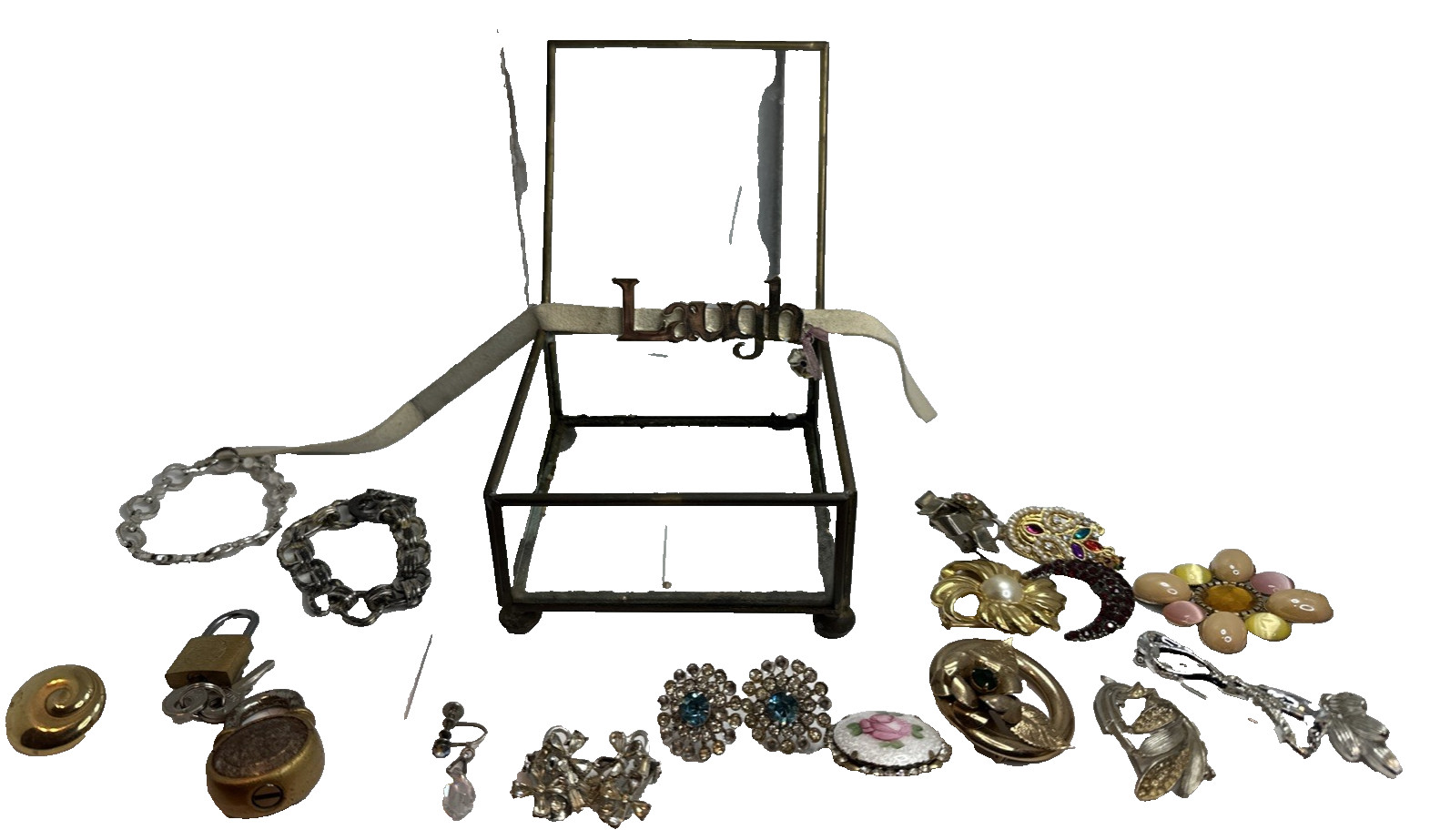 Costume Jewelry & Antique Lot in Brass-Lined Case – 19+ Pieces Pins, Bracelets