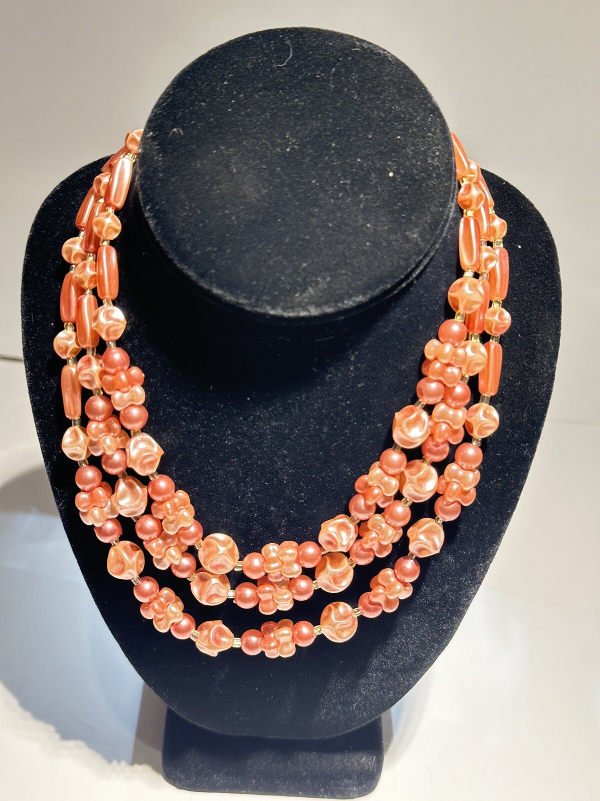 HONG KONG VINTAGE PINK ROSE PEARL BEAD TRIPLE STRAND CHOKER 14″ NECKLACE EUC