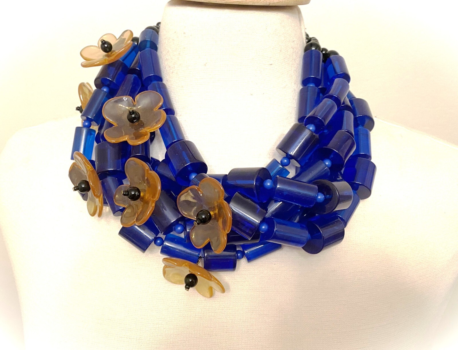 Fabulous Blue Tubular Lucite & Flowers Multi Strand Necklace
