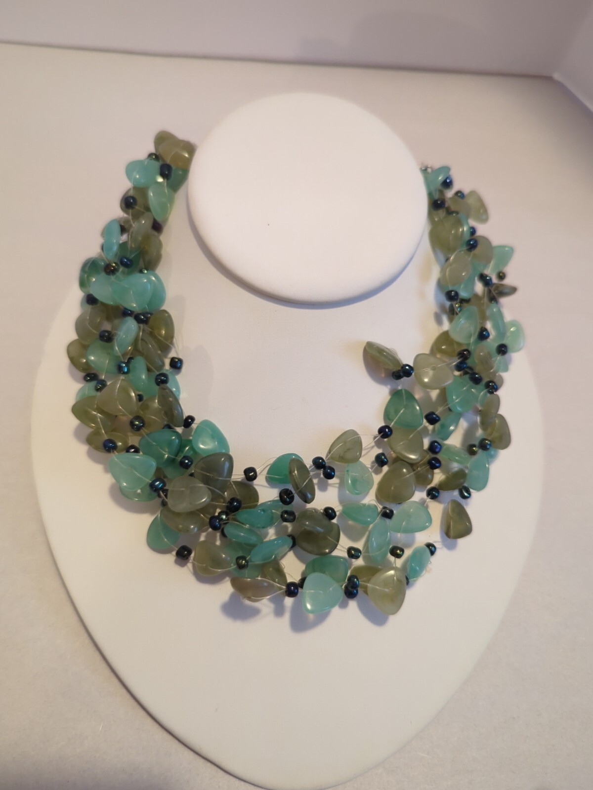 2 Necklaces Lot Inlaid Abalone Shell Pendant & Teal Multilayer Beaded Necklace