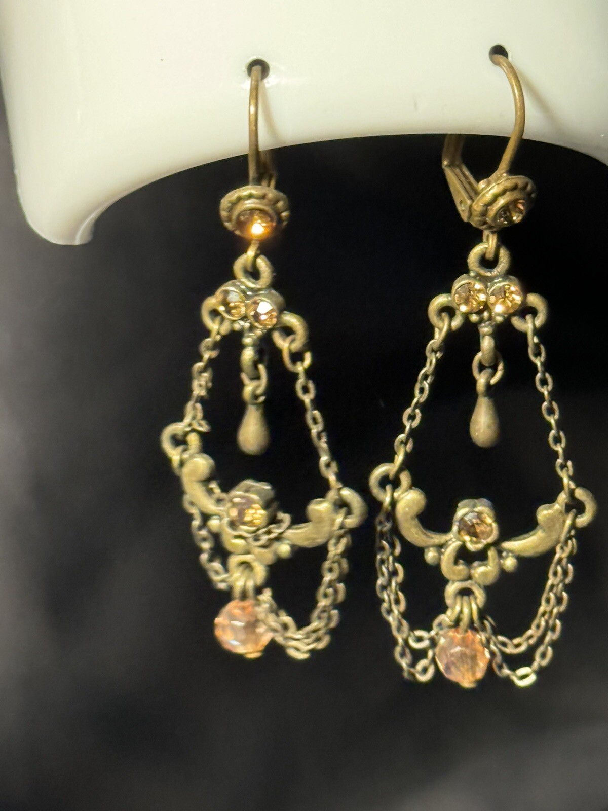 Antique Chandelier Peach Beads Earrings Alloy Metal Self Clasp Beautiful 2inch