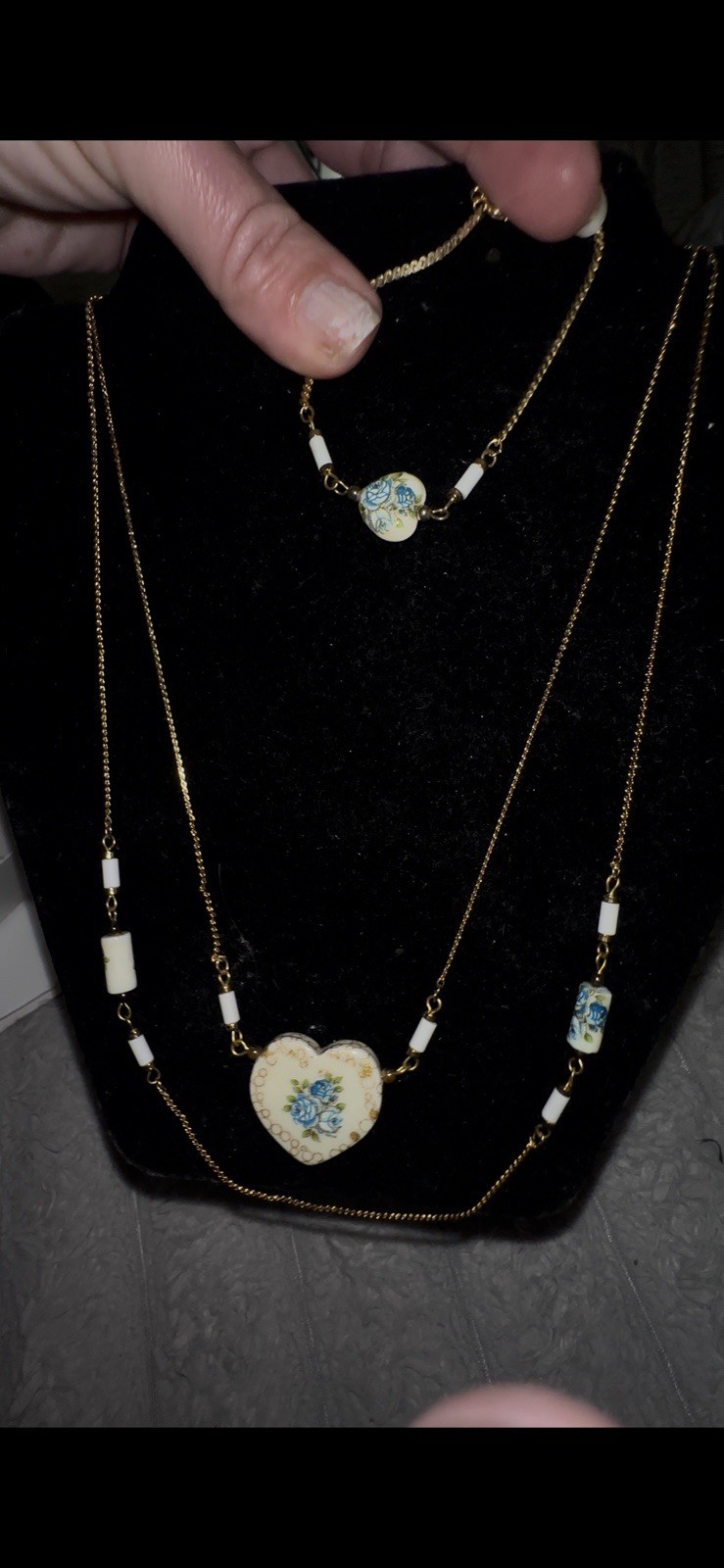 Vintage Japanese Tensha Blue Rose Porcelain Heart Necklace With Match Bracelet