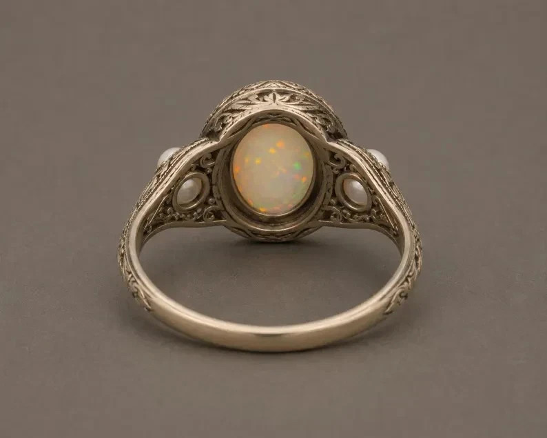 Vintage Ethiopian Opal Ring Pearl Side Stone Antique Engraved Ring