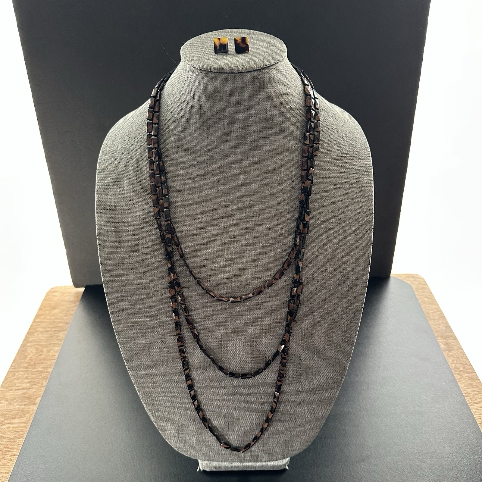 Vintage Faceted Rectangle Beads Faux Wood Brown Black & Pierced Earrings