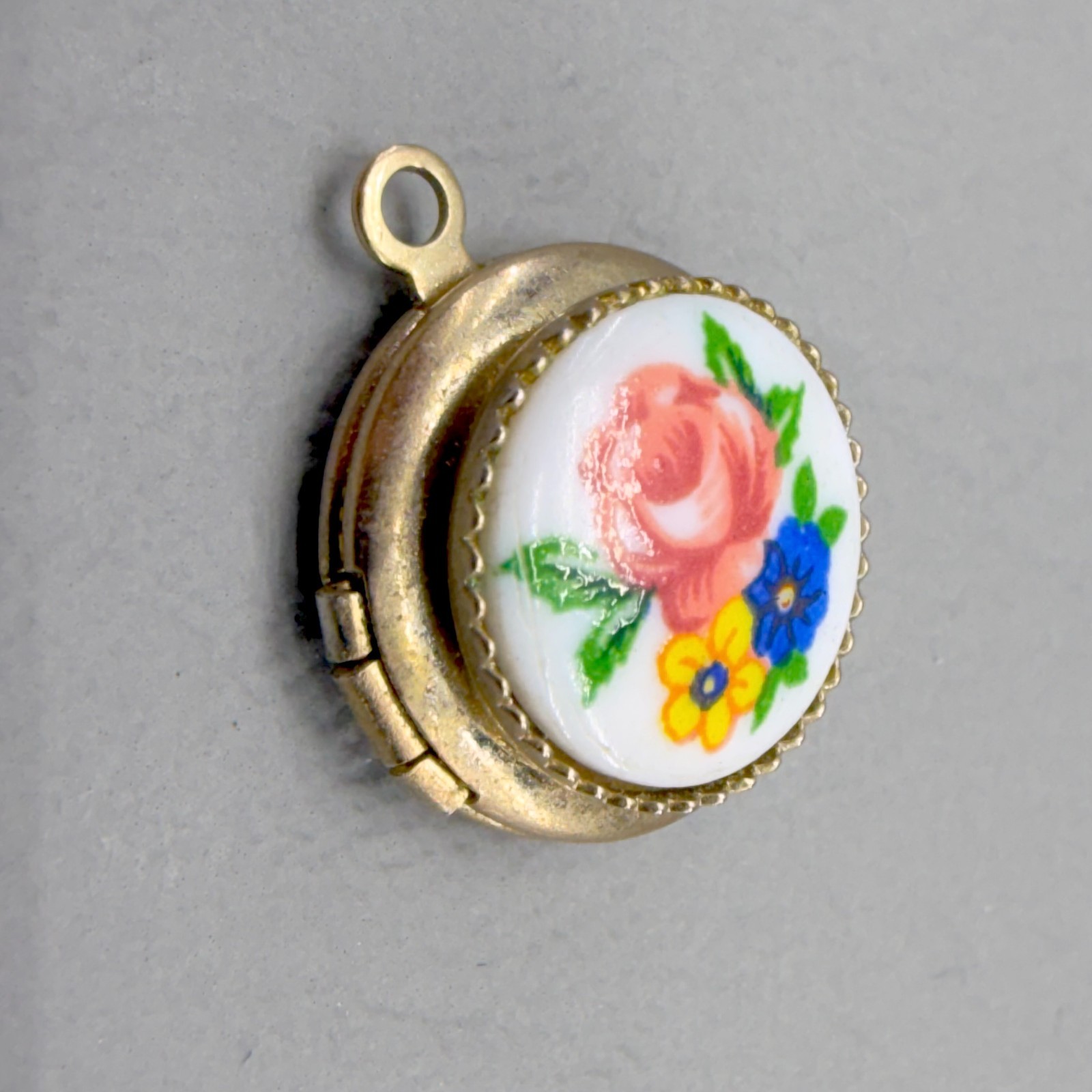 Vintage Gold Tone Locket Painted Flowers Tiny
