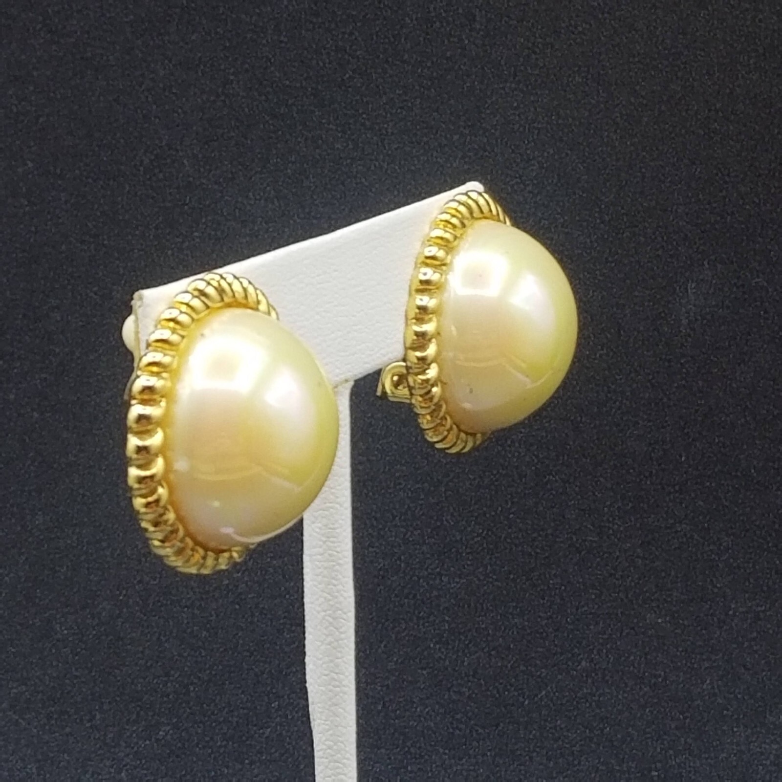 Vintage Clip on Earrings Gold tone Iridescent Button Style Dome Stud 1″