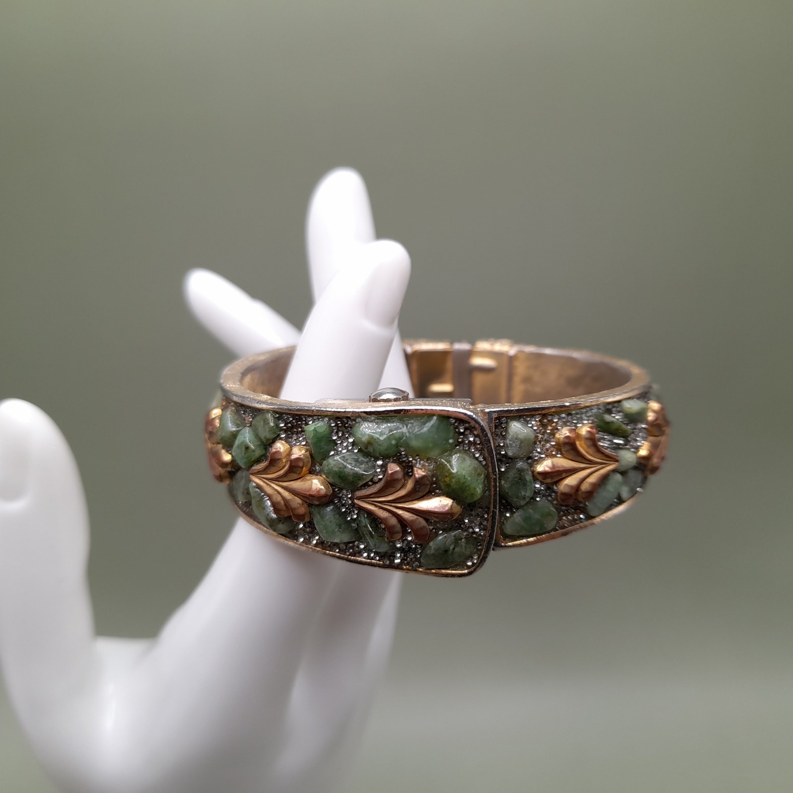 Vintage Jade Watch Cuff Bracelet, Pilgrim 17 Jewels, 6 1/2 Inches