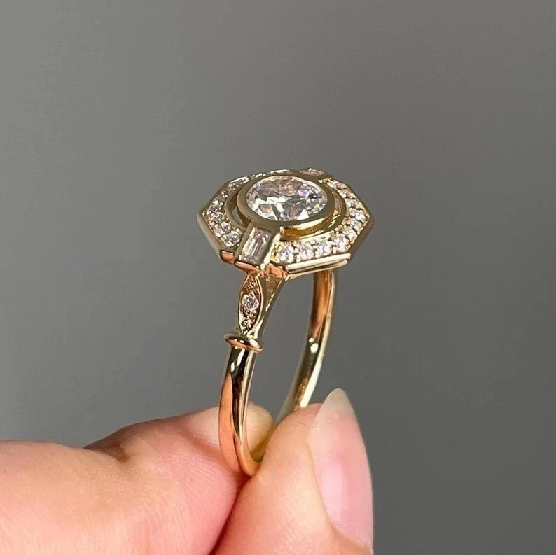 Art Deco Round Cut Lab Created Diamond Anniversary 14K Yellow Gold Finish Ring