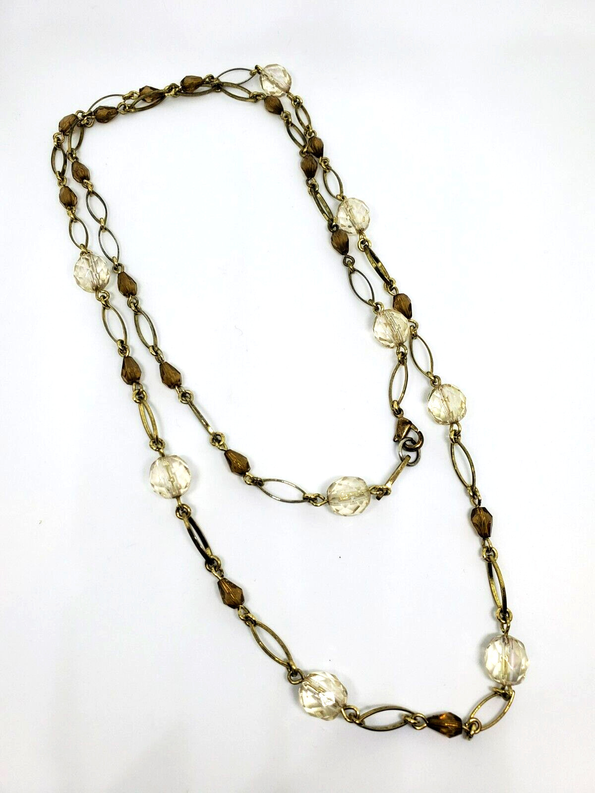 Dainty Gold Oval Links Amber Teardrop Beads and Faceted Round Bead 34″ Necklace