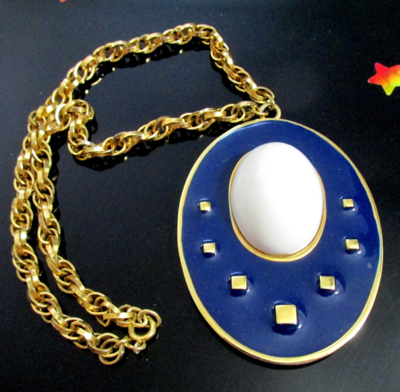 Vtg Runway Rare NAPIER Blue Enamel White Cab Pendant Necklace Book Pc BERTOLLI