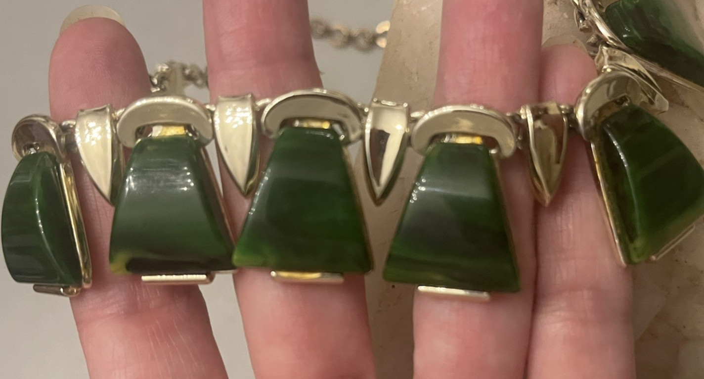 Vintage CHAREL Spinach Green Bakelite, Egyptian Revival, Necklace, Simi Tested!
