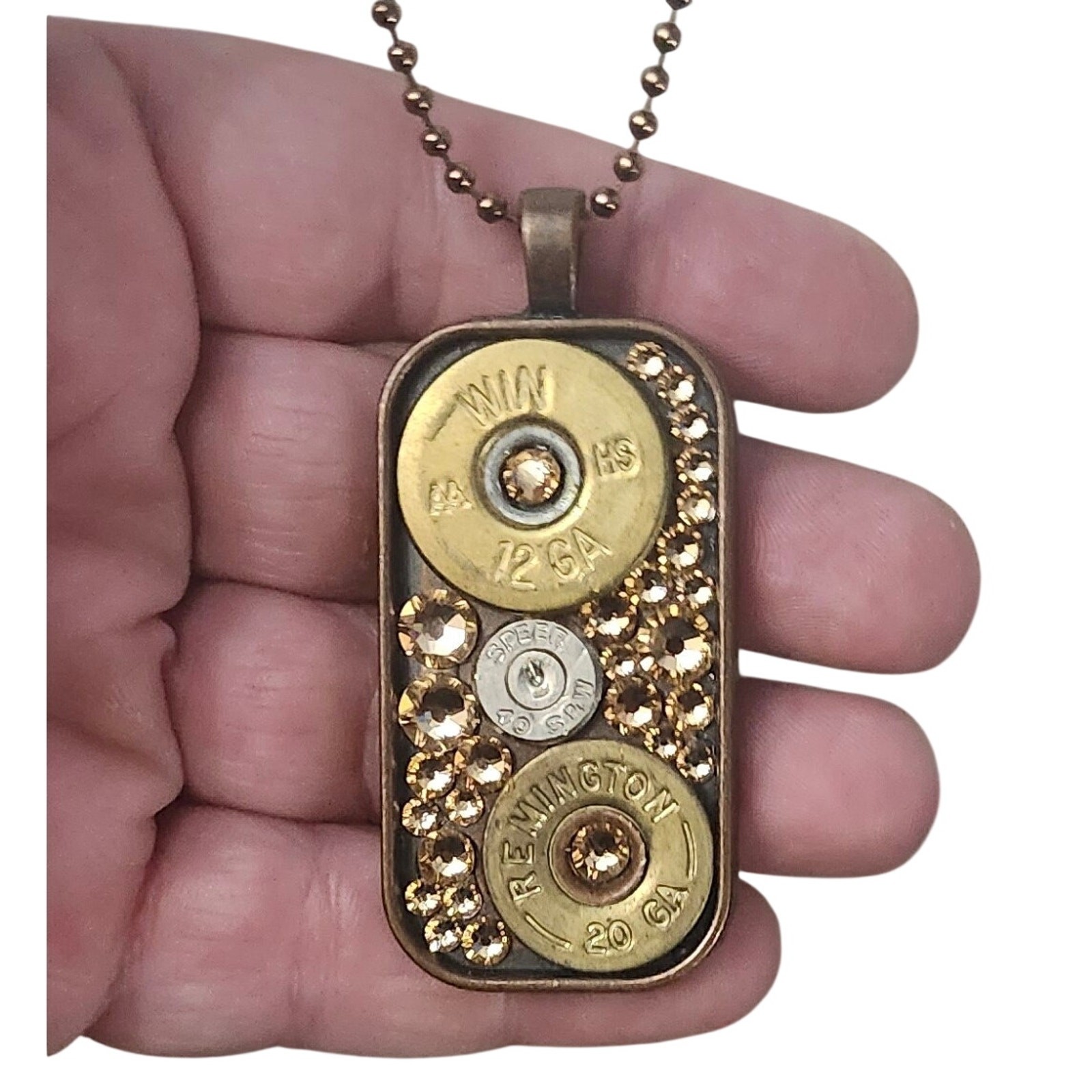 Pretty Hunter Remington Bullet Casing Dog Tag Rhinestone Necklace