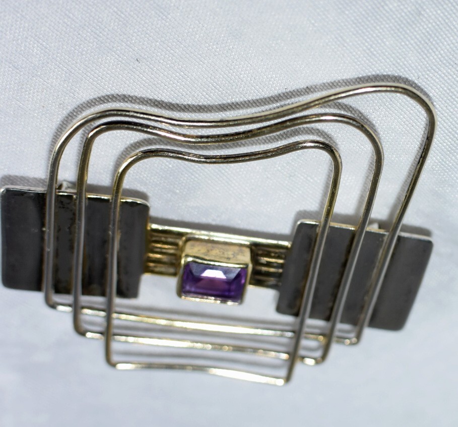 Vtg Signed YES Studio Poland Sterling Silver Amethyst Large Modern Pin & Pendant