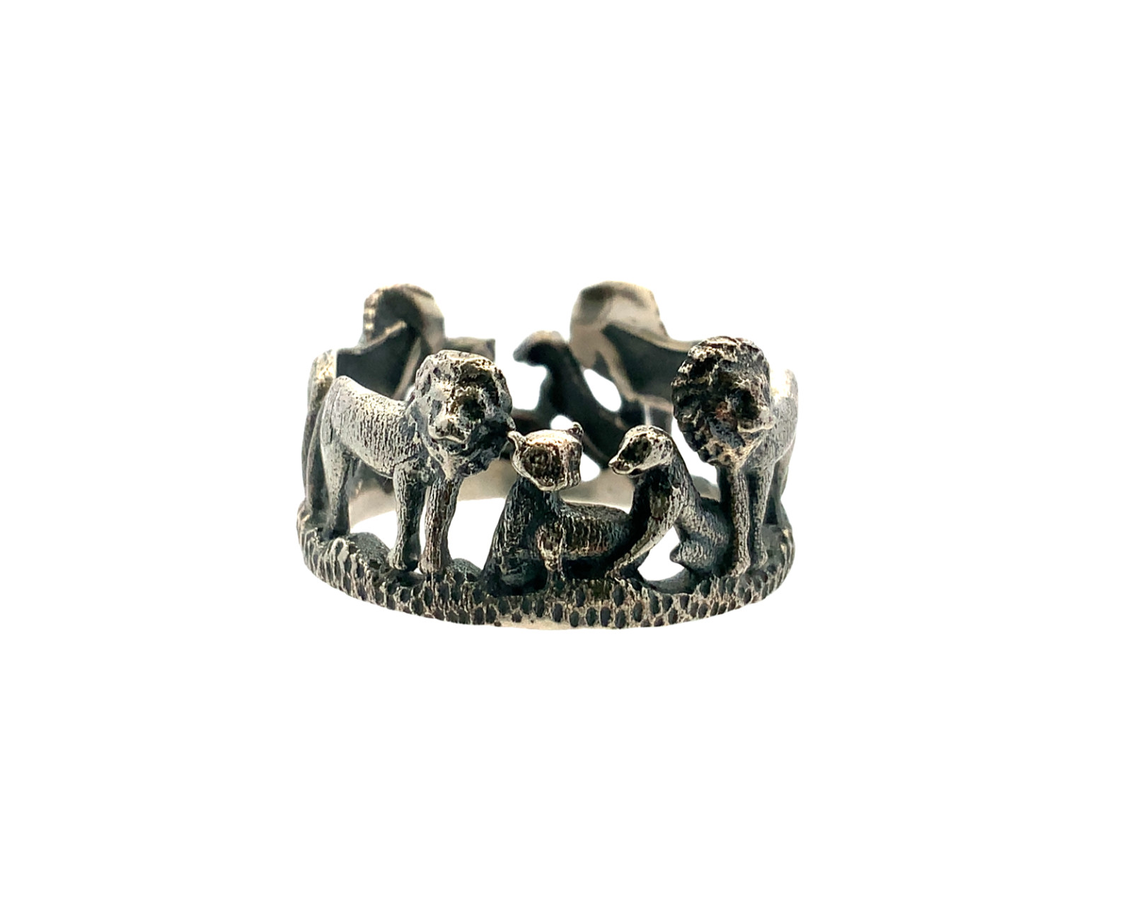 Vtg Sterling Signed 925 Detailed Pride of Lions and Cubs Animals Ring Band 7 1/2