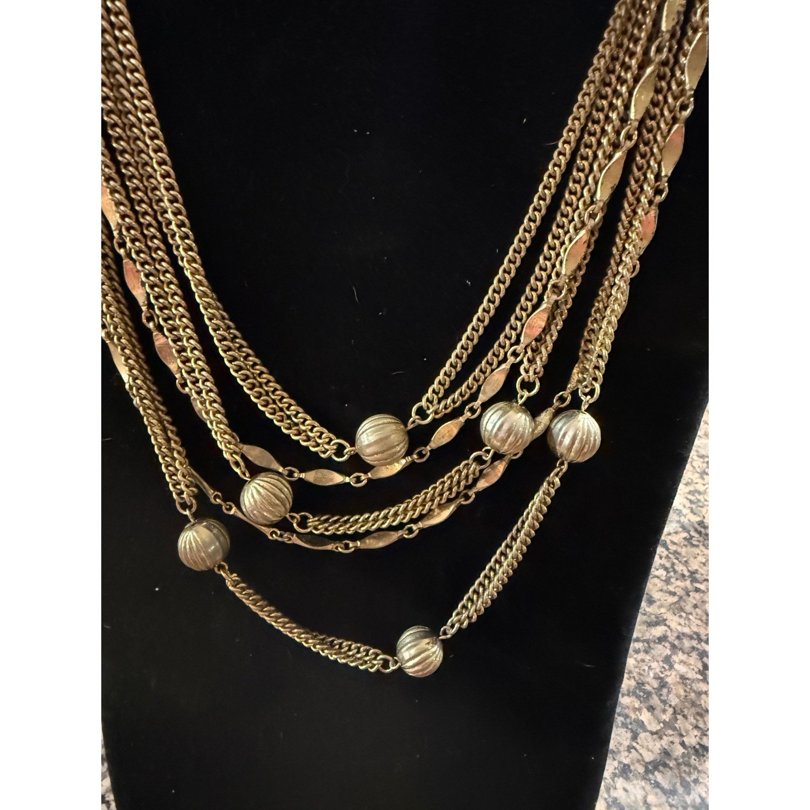 Vintage 1950s Coro Gold Tone Multi Strand Necklace Melon Bead Leaf Link Layered