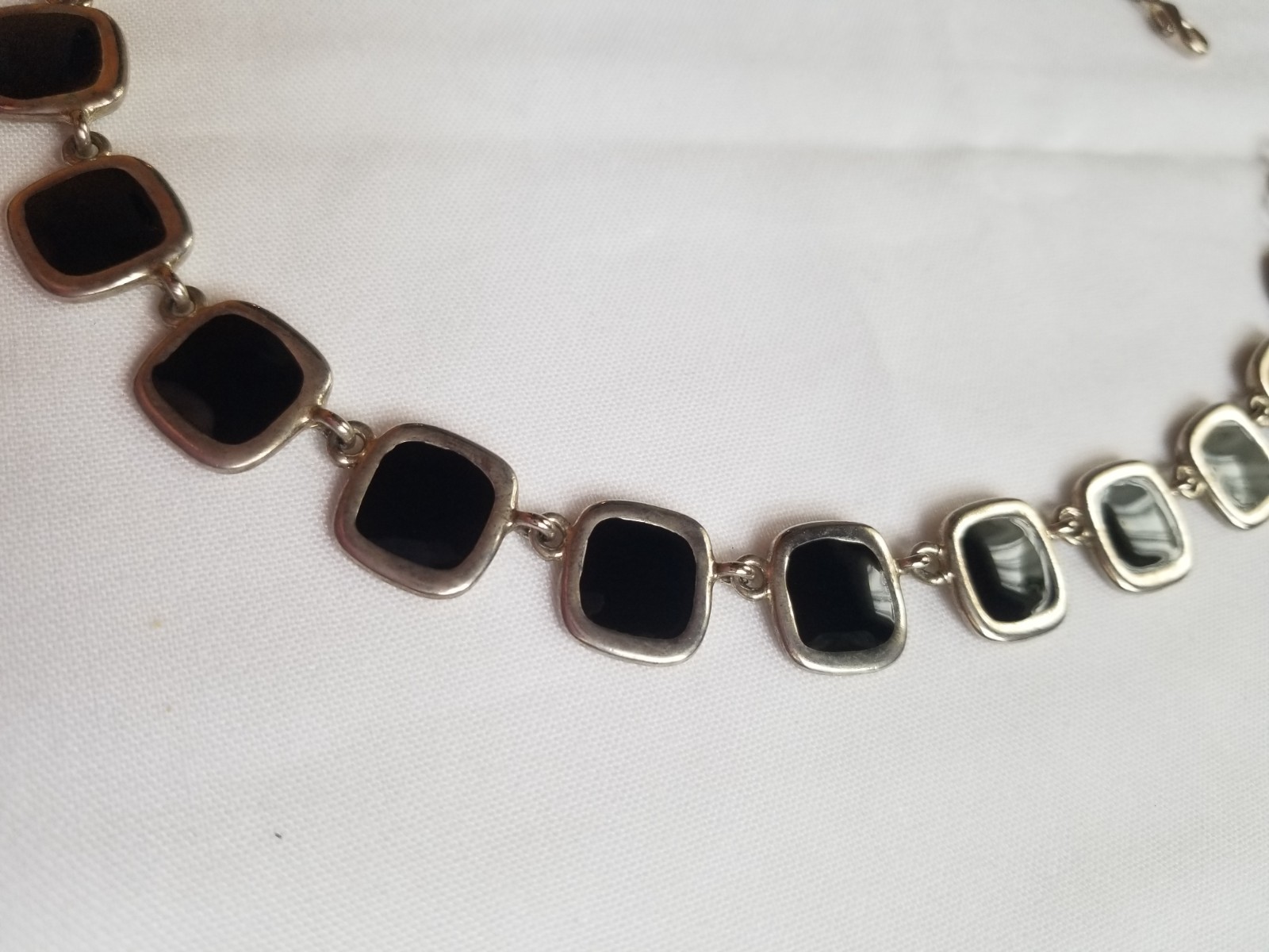 Vintage 1970s Black and Cream Enamel Geometric Necklace Reversible Silvertone