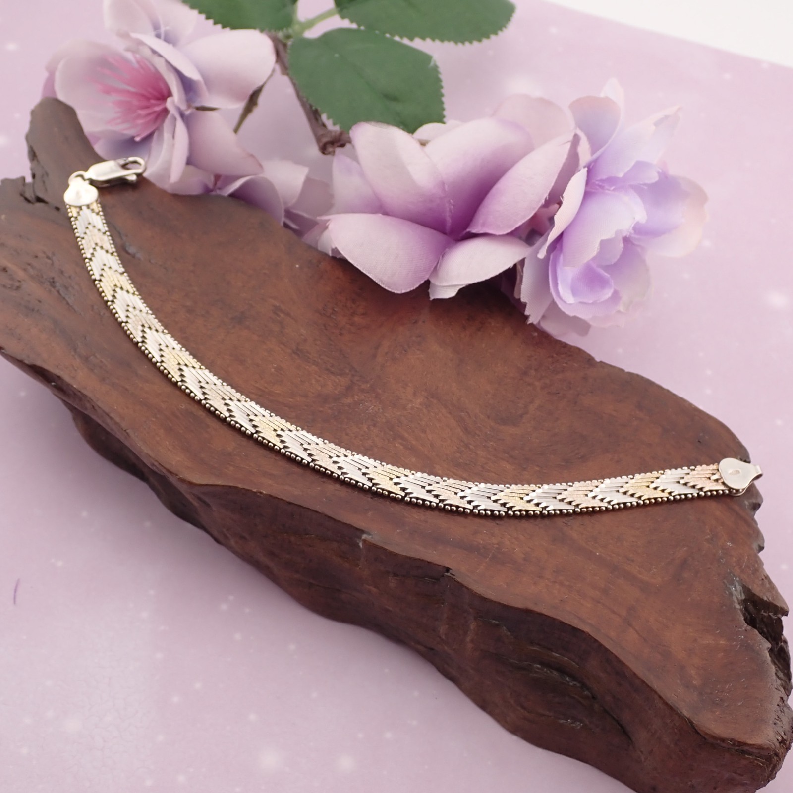 VTG Sterling Silver Rose Tone 6mm Bi-Color 7 1/2″ Flexible Bracelet 14.8 grams