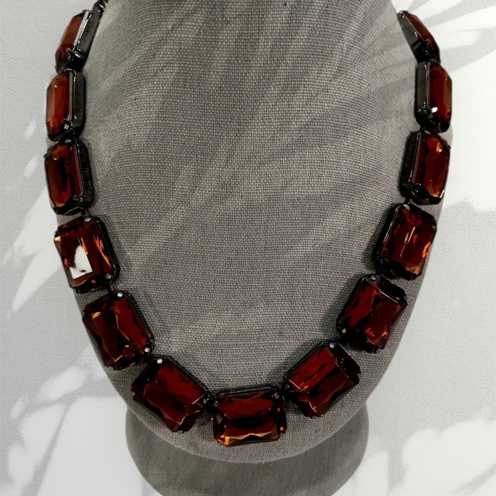 Vintage Joan Rivers Amber Crystal Gunmetal Necklace 17-21 In