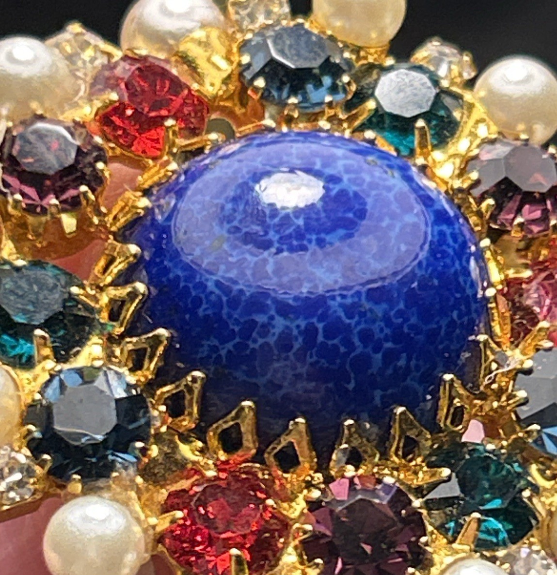Rare Moans Couture Runway Ring Blue Art Glass Rhinestone Faux Pearl Size 5-6 80s