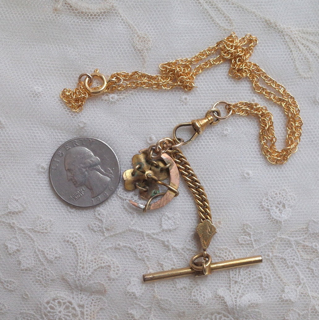 Antique Rolled Gold Enamel Four Leaf Clover & Crescent Pendant Necklace Pearl
