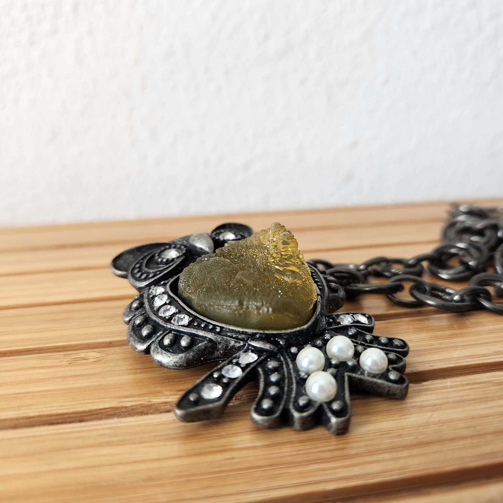 Vintage Semi Precious Uncut Citrine Semi Stone Pearl Gemstone Goth Owl Necklace