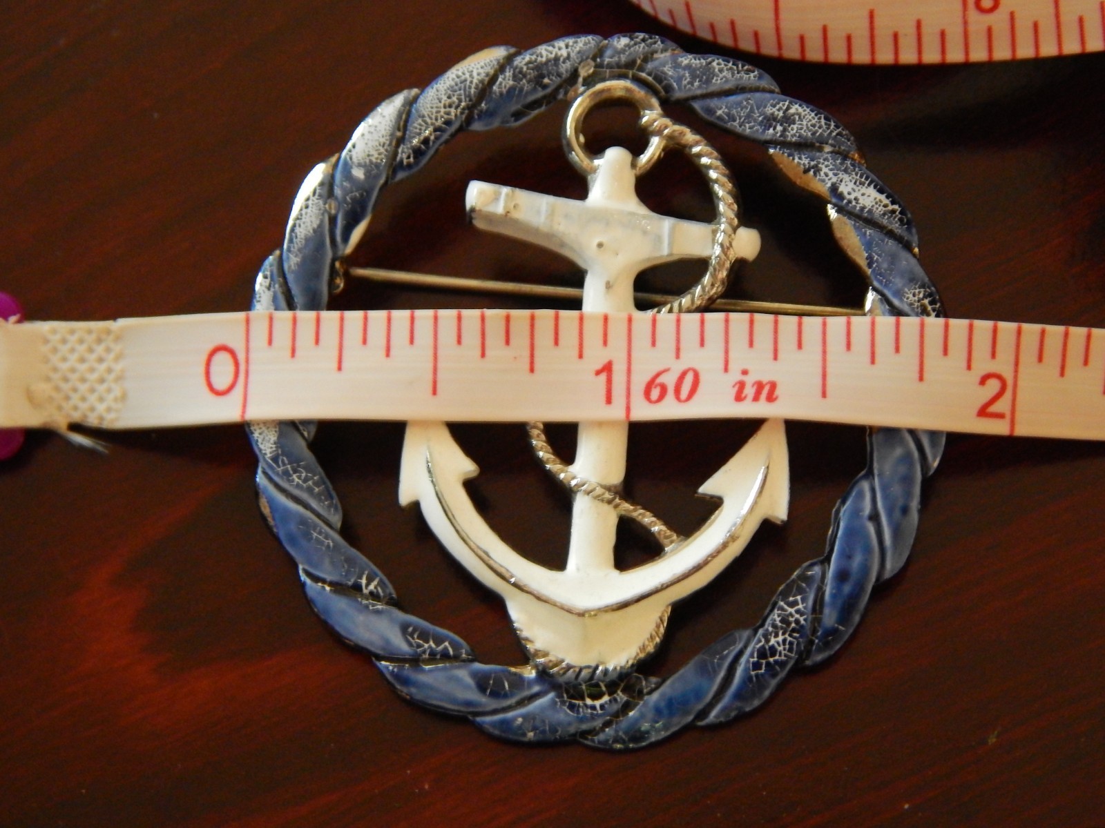 Vintage Coro Enamel Brooch: Blue & White Enamel, Anchor/Nautical