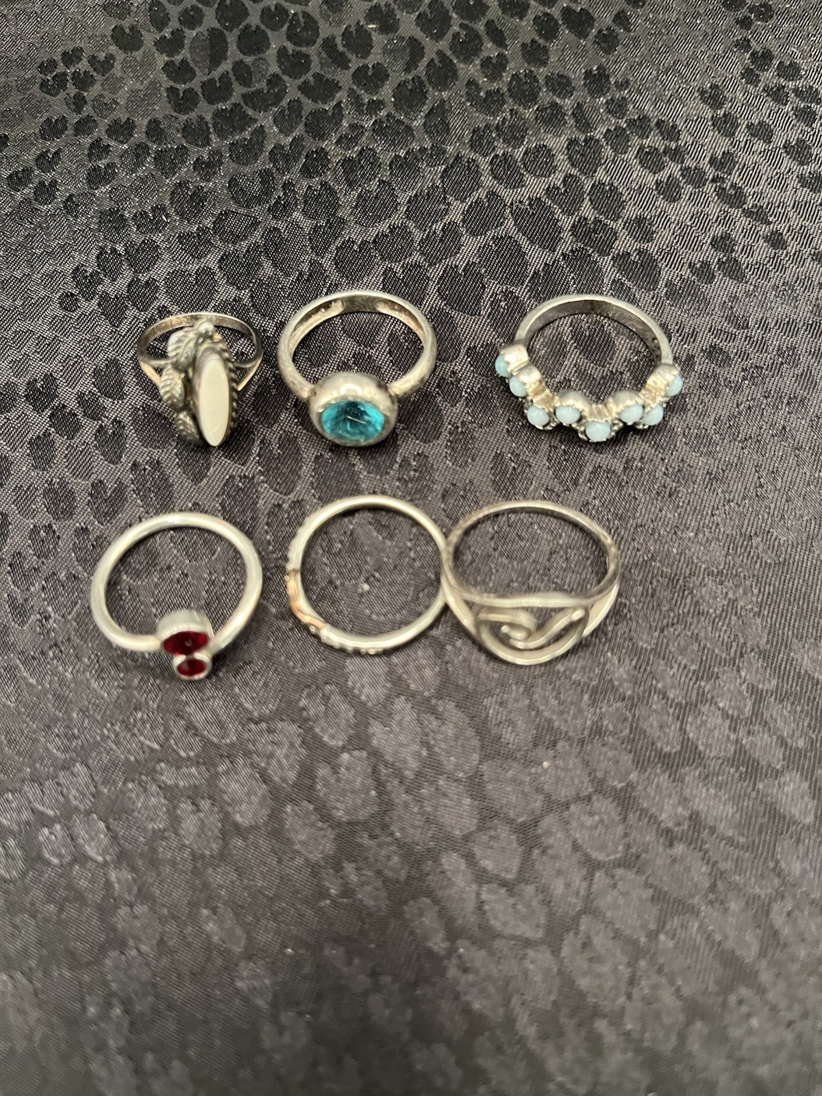 A Group Lot Of 6 Art Deco 925 Sterling Silver Rings Rhinestones Faux Turquoise