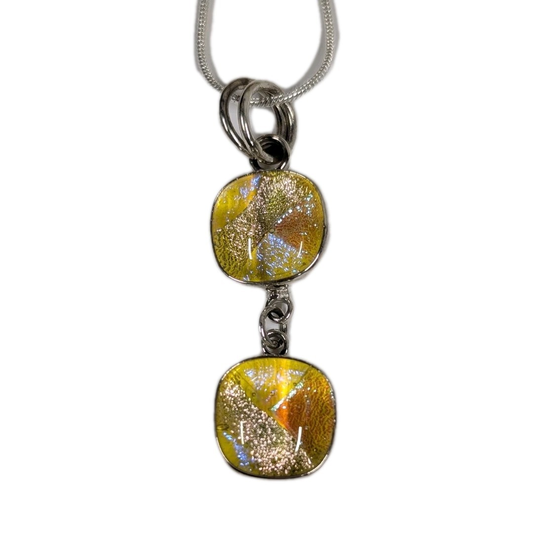 Vintage Sterling Silver Yellow Dichroic Glass Pendant 1990s Handmade In Mexico
