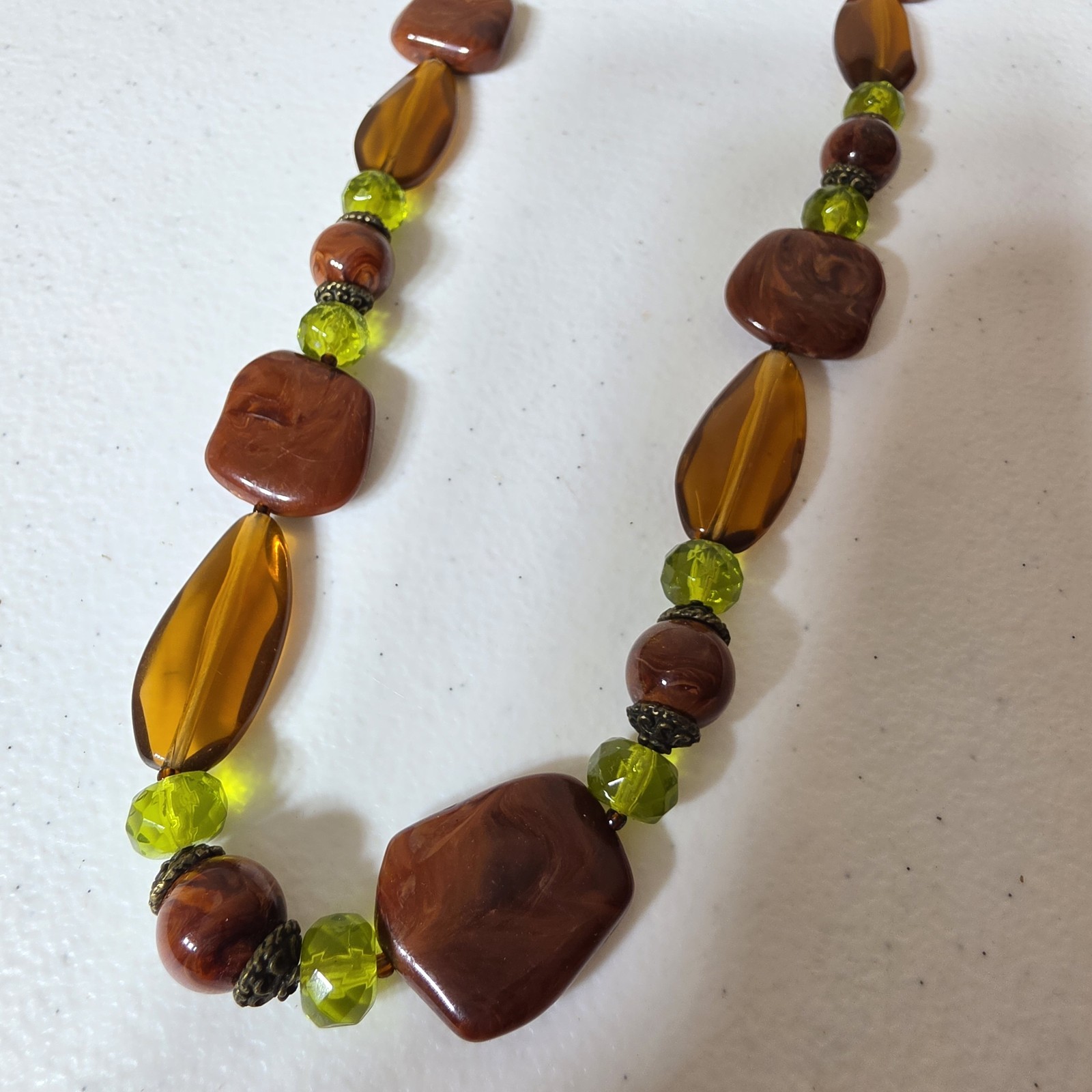 Vintage Earthy Brown Swirl Forest Green Bead Opera Length Necklace 35.5″