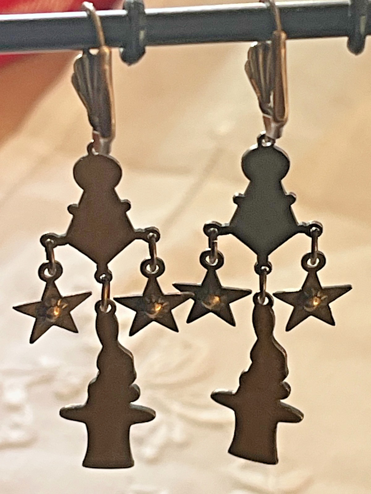 Bronze-Toned Antique-Style Chandelier Dangle Earrings, Stars, Rabbit in Hat 2.5″