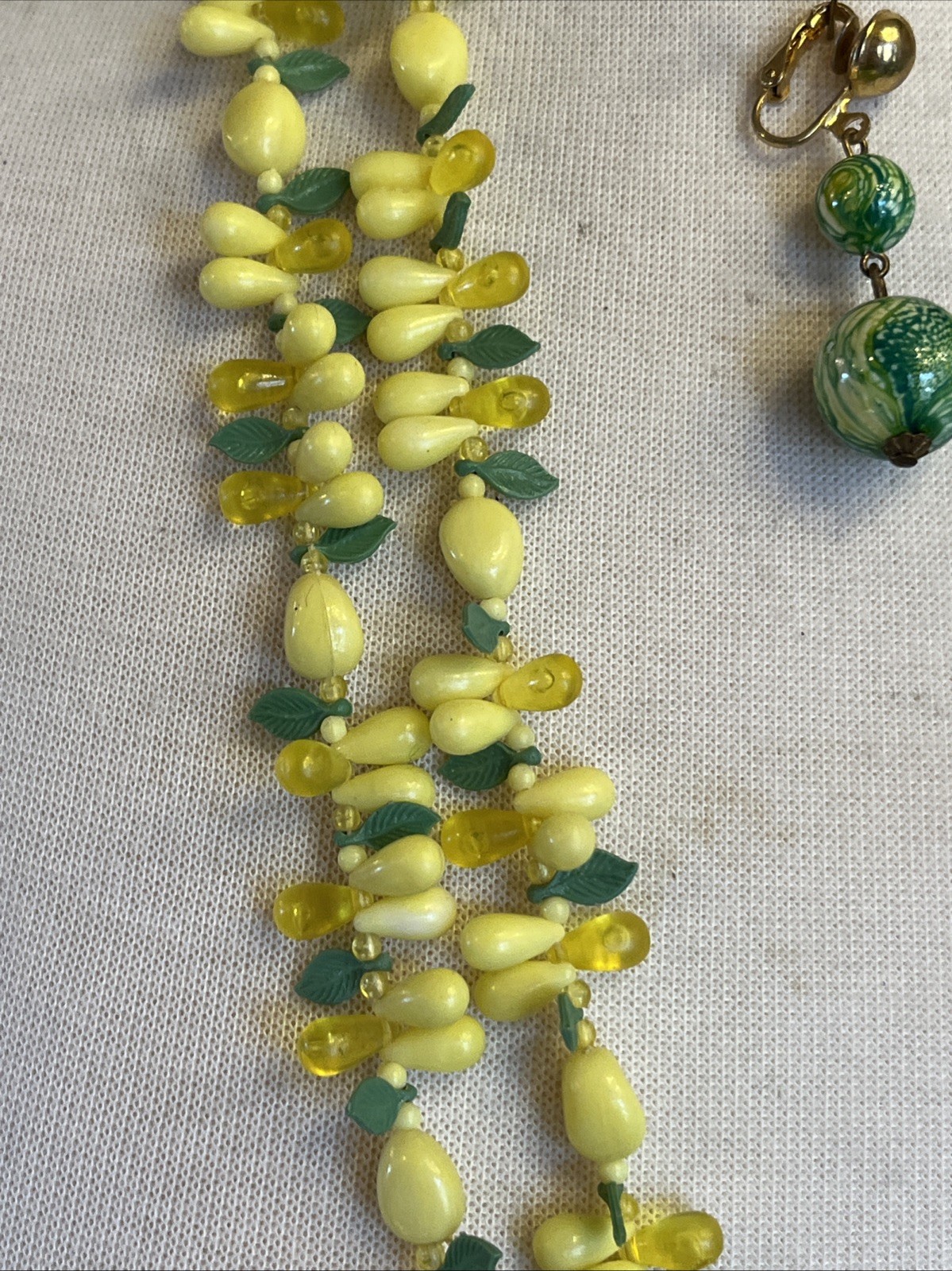 Vintage 2 Strand Tutti Fruity Lemon Necklace Czech Dangle Drop Clip Earrings Set