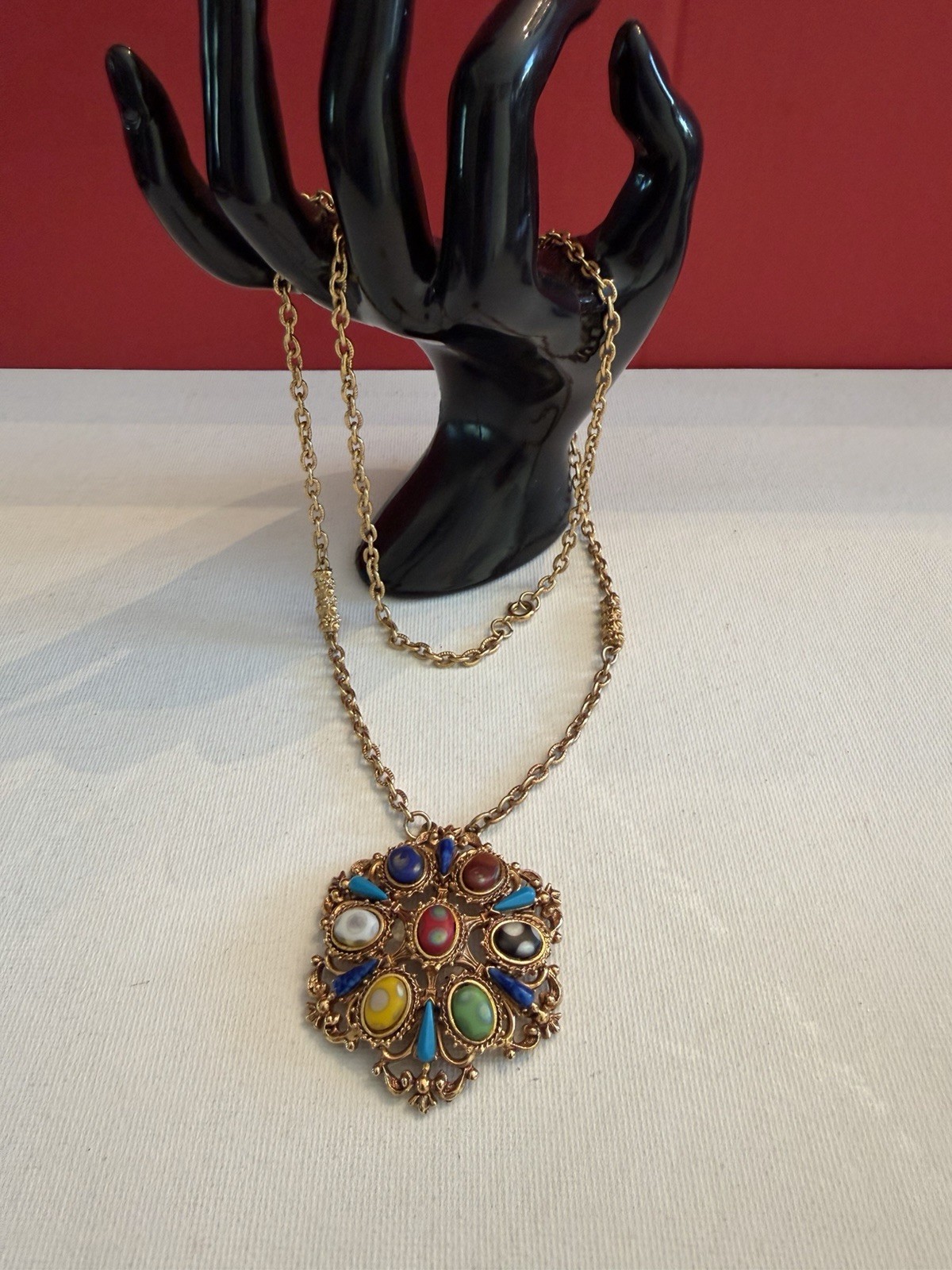 Vtg. Florenza Ornate Gold Tone Multi Color Cabochon Pendant Necklace 24” BinR