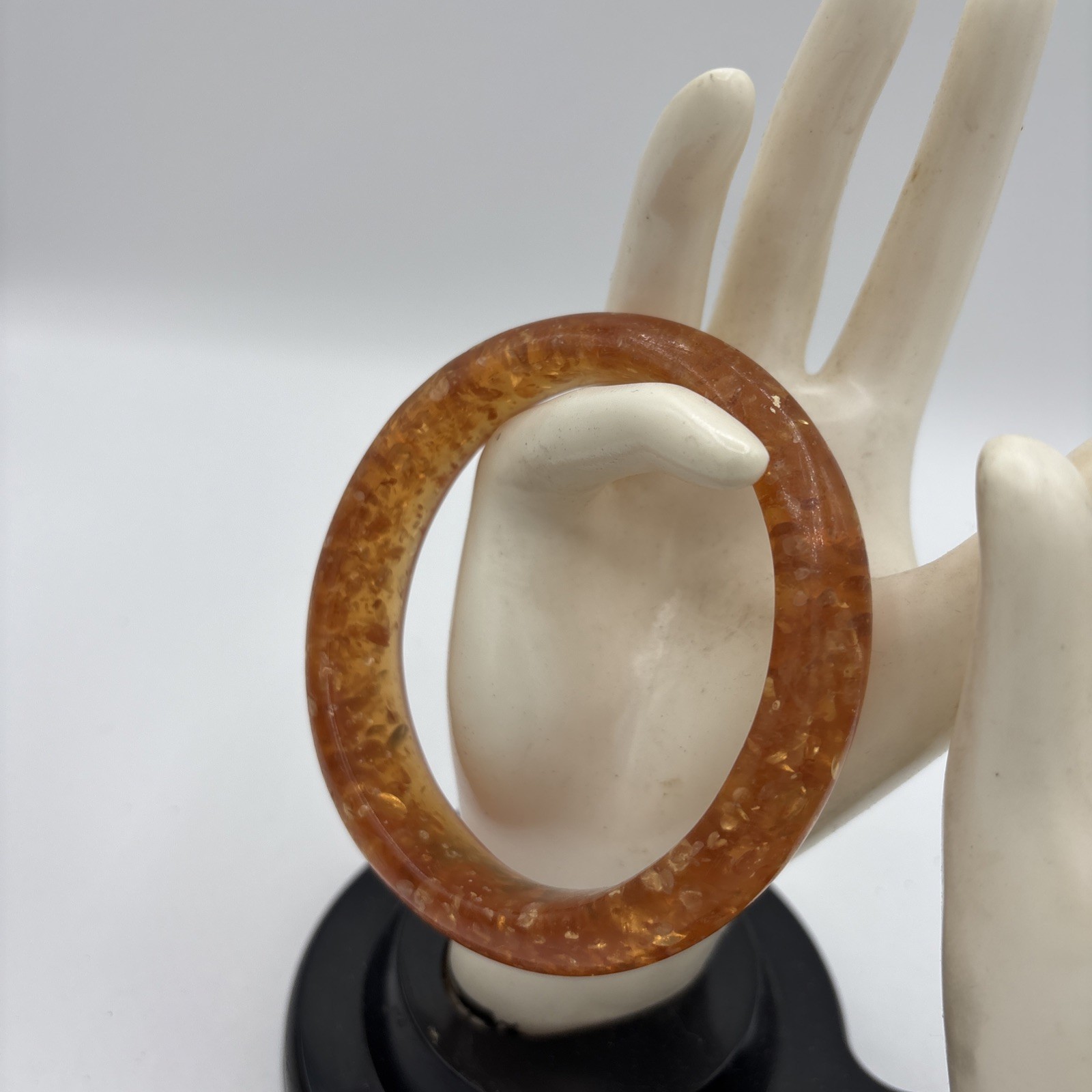 Vintage Lucite Orange & Silver Foil Confetti Wide Cuff Bangle Bracelet 1960s
