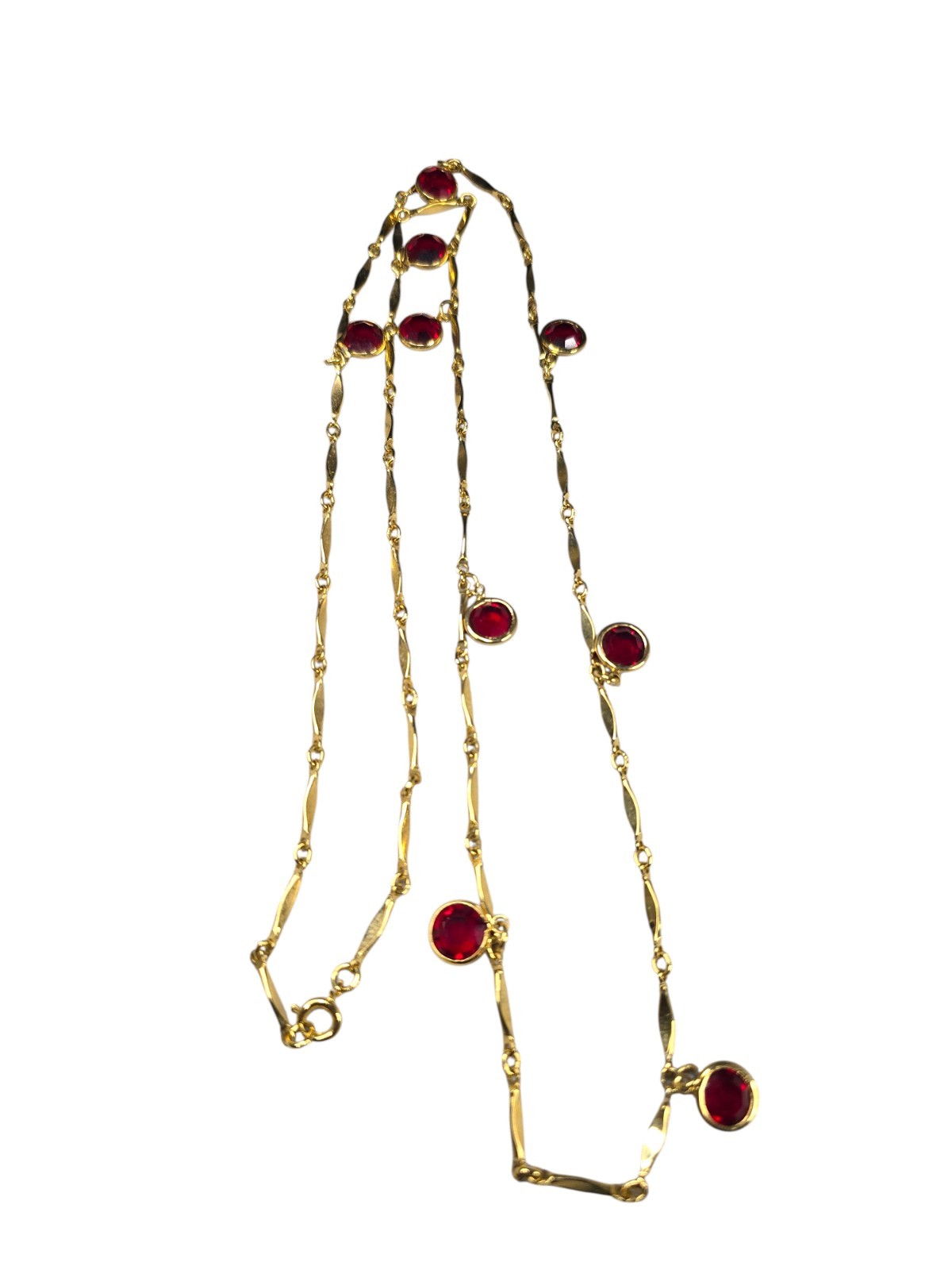 Vintage Gold Plated Red Dangle Charms Long Chain Necklace 30″