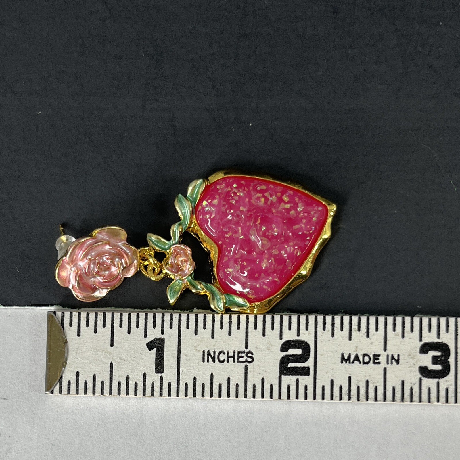Gripoix Style Heart Earrings Pierced Gold Tone Rose Pink Flower Resin Statement