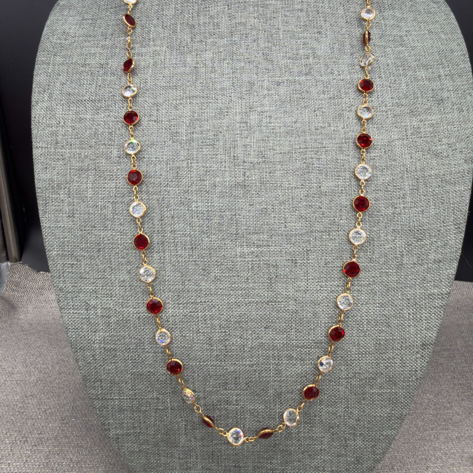 Vintage Necklace 34 Inch Bracelet Size 6.5 Red Clear Open Bezel Crystals