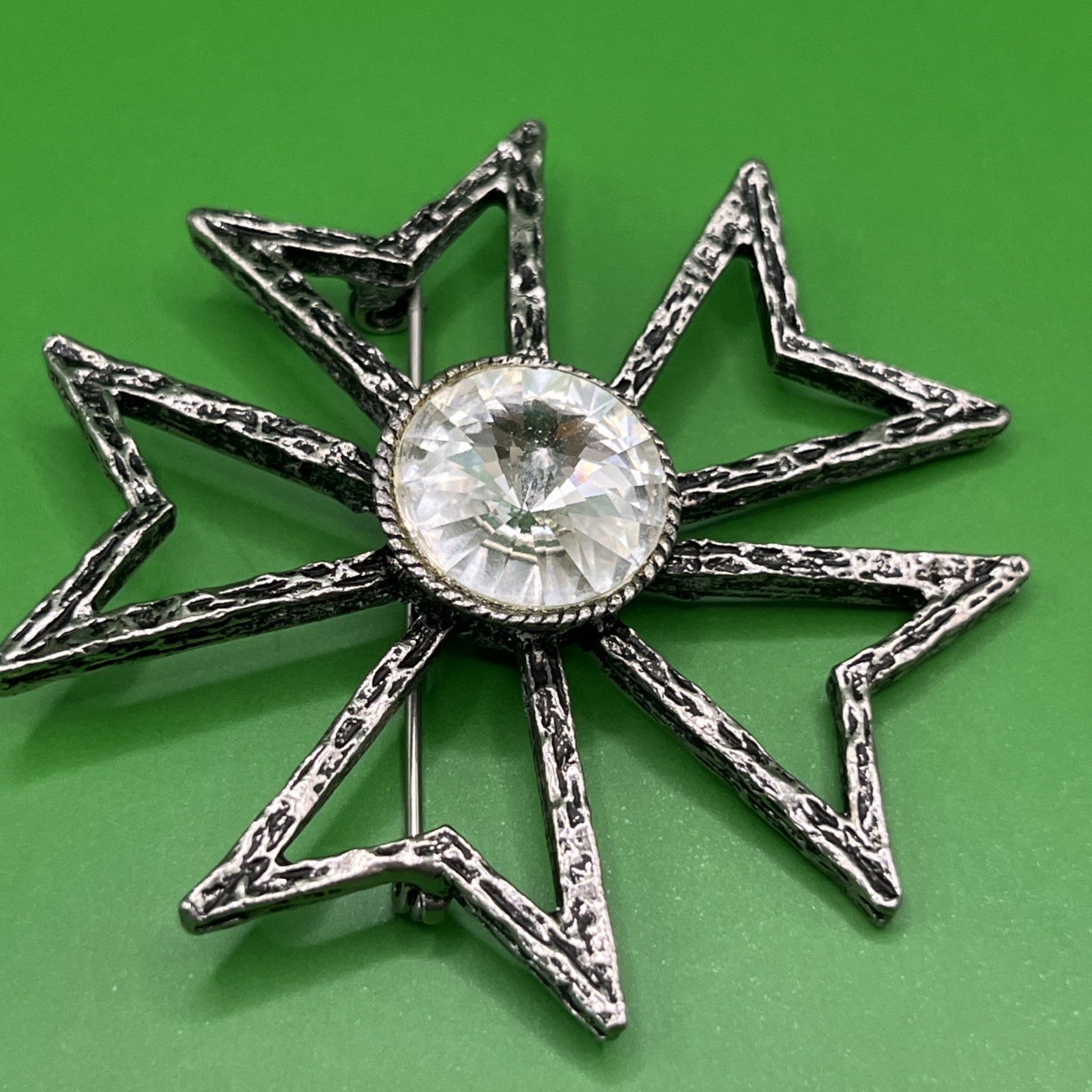 Rare Vintage EDLEE Art Glass Pearl Rhinestone Chunky silver Tone Brooch 1947