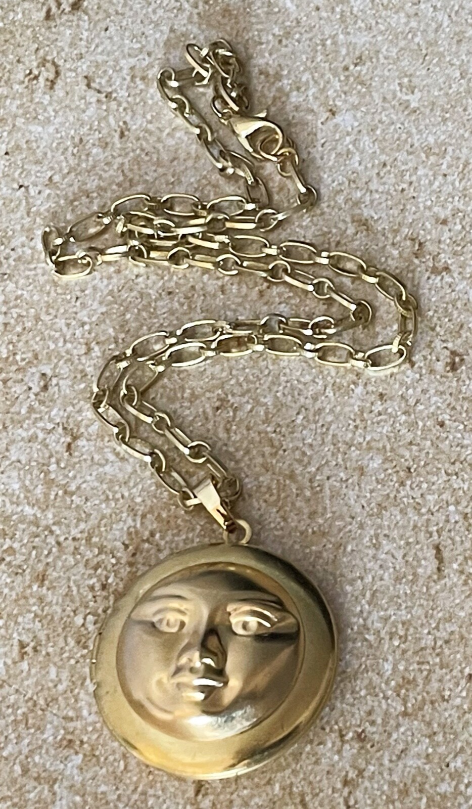 Man in the Moon Locket Necklace Large Brass Pendant Celestial Lunar Centerpiece
