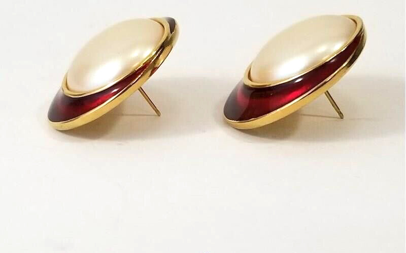 Signed YSL Yves Saint Laurent Gold Tone Faux Pearl Red Enamel Pierced Earrings