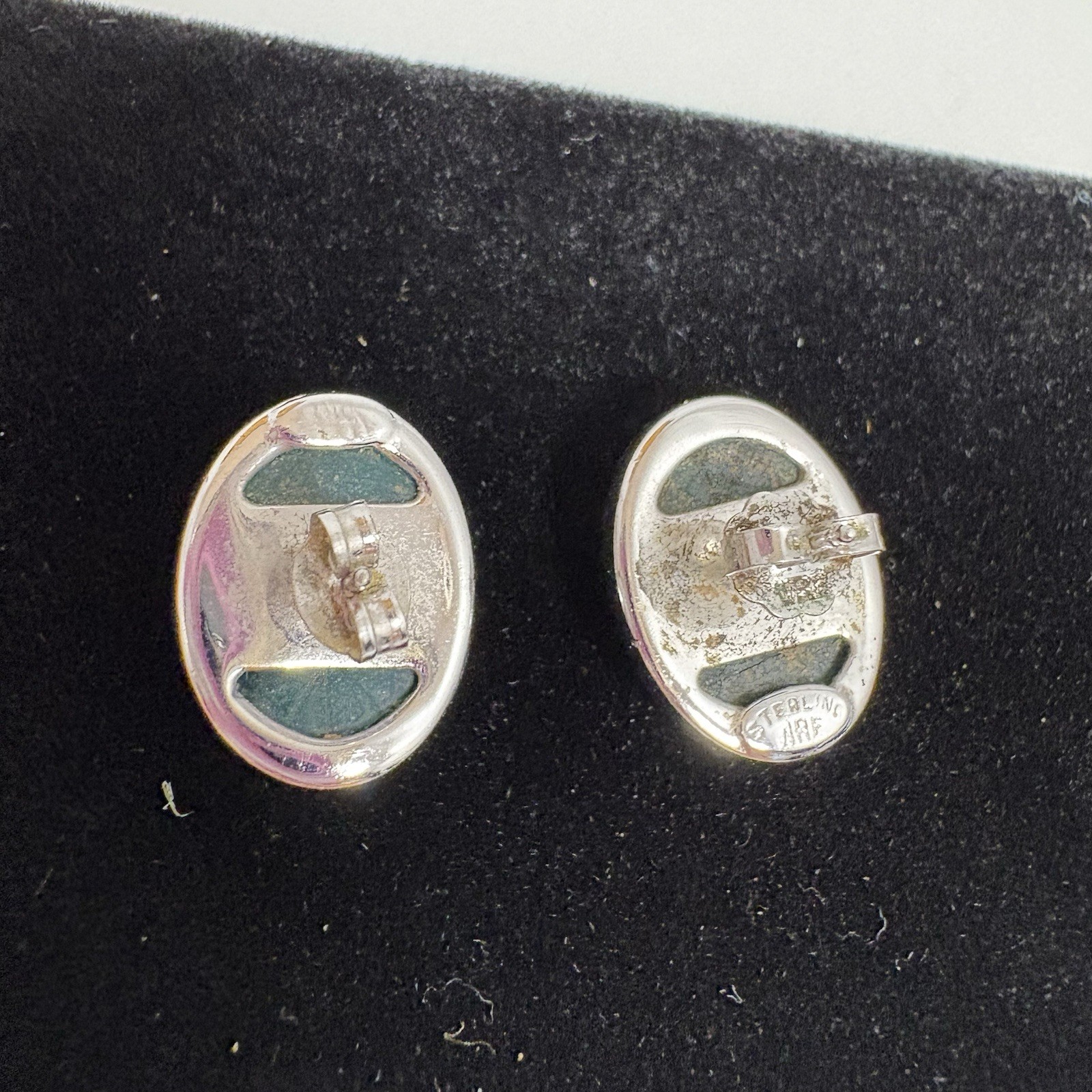 Vintage Green Carved Scarab Beetle Oval Stud Earrings by WRF Sterling Silver