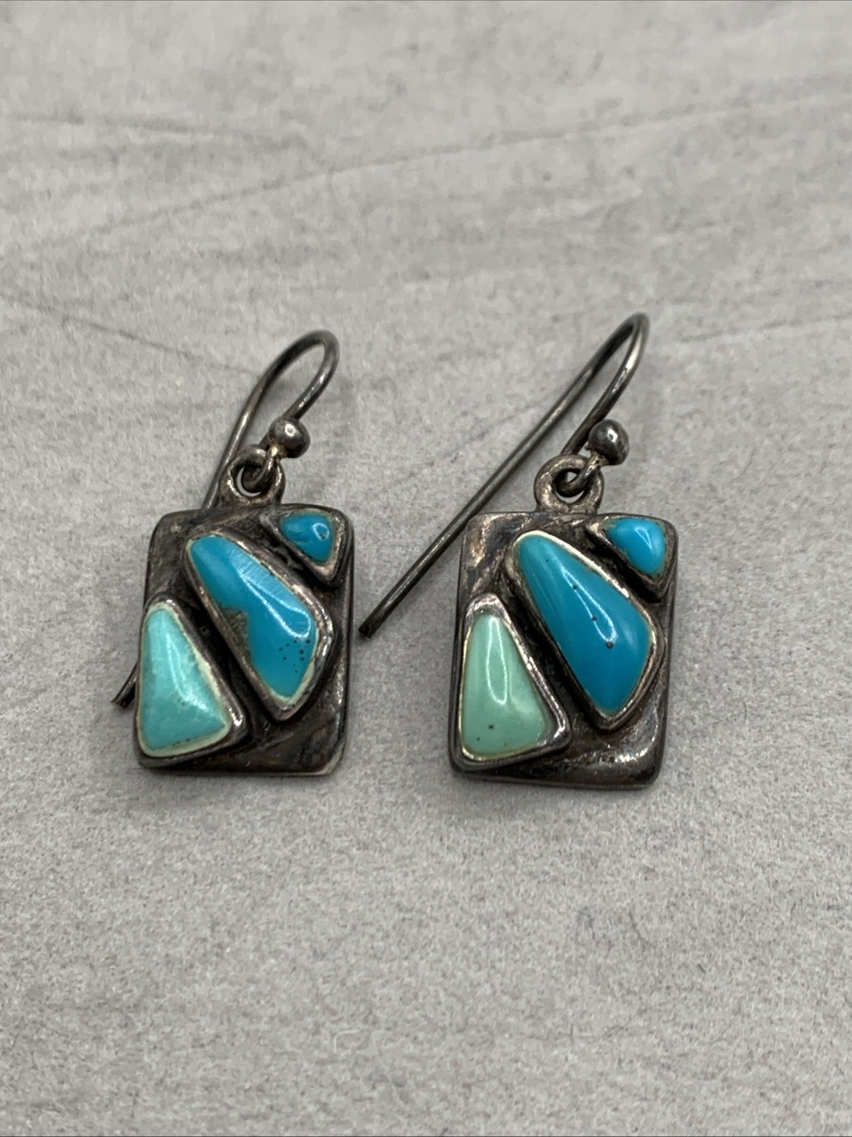 Vintage Southwest Sterling Silver Blue & Green Stone Rectangle Drop Earrings