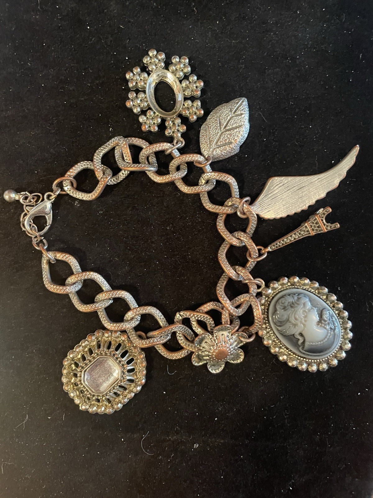 Vintage Gold & Silver Tone Cameo Charm Bracelet Adjustable Size Unknown Material