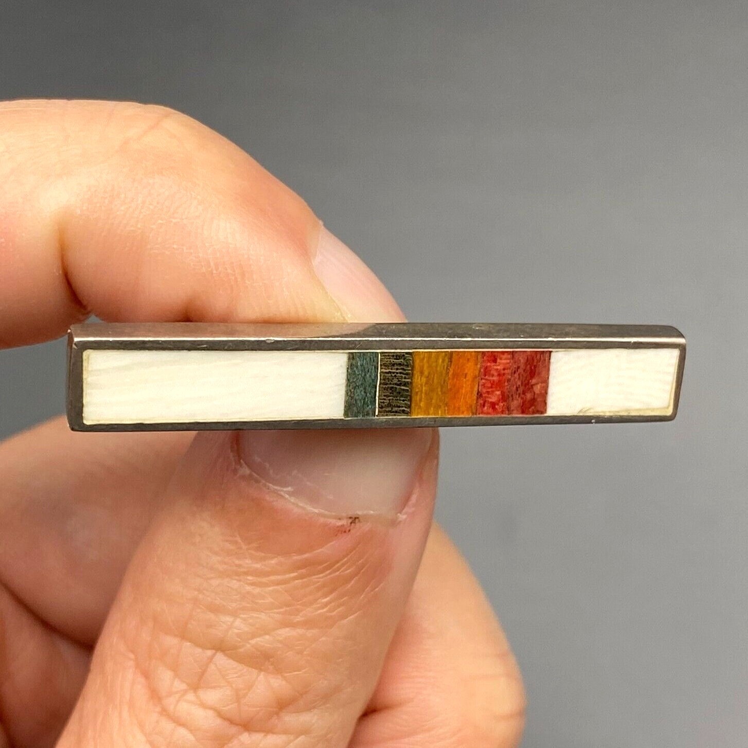 Vintage Modernist Minimalist Multiple Inlay Silver Bar Pin Brooch