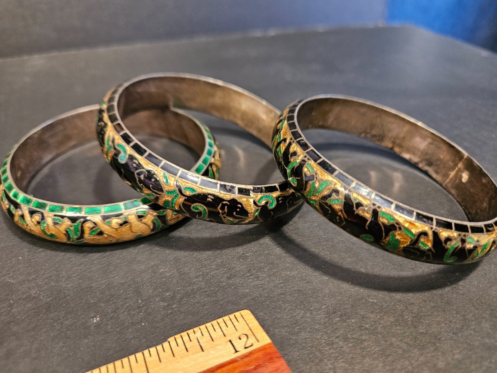 Set of 3 bracelets 925 Sterling Cloisonne Enamel Jaipur, India Turq/Green/Blue