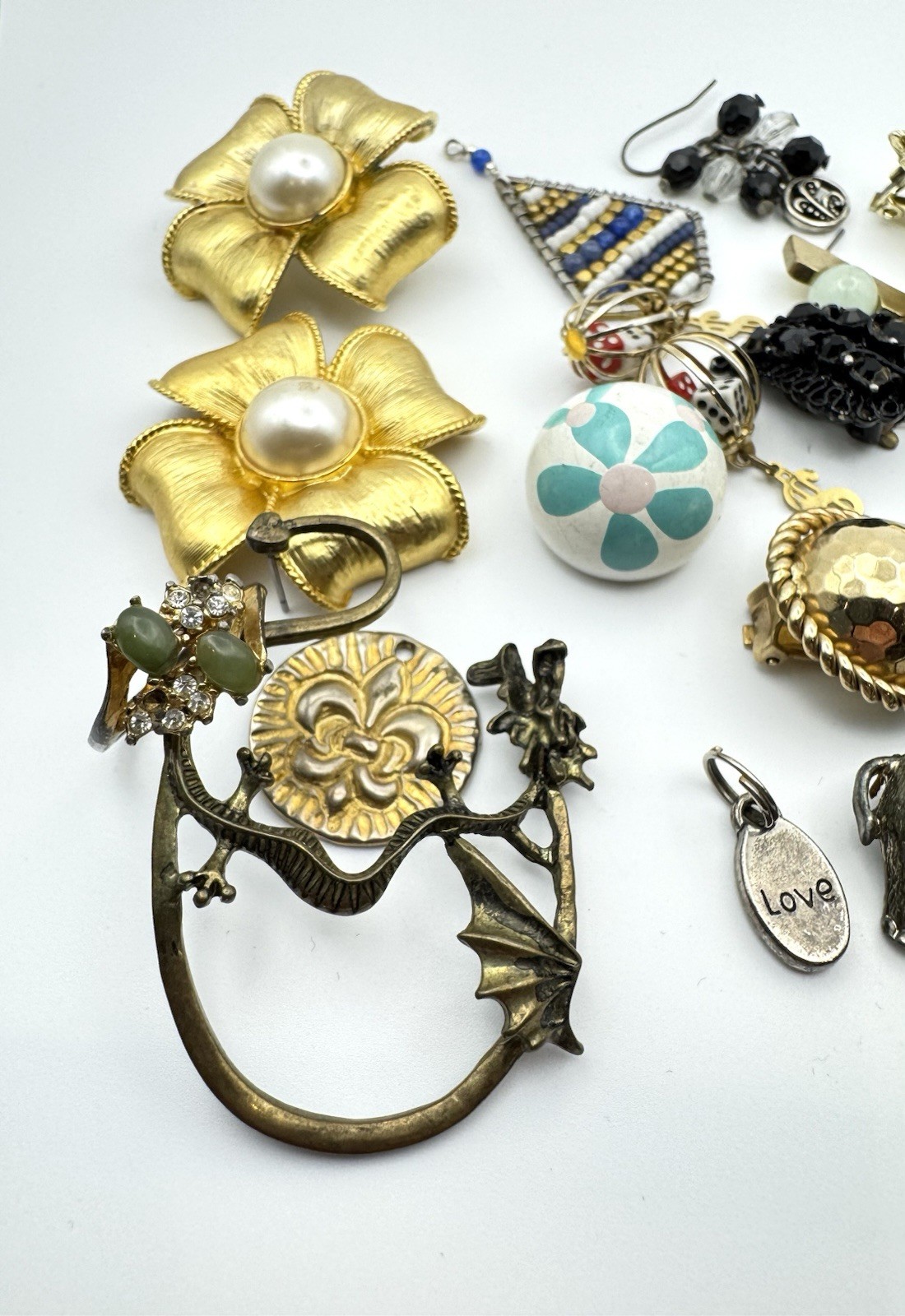 Mixed Craft Lot Of Vintage Jewelry – Brooches, Earrings, Ring, Pin – Repurpose