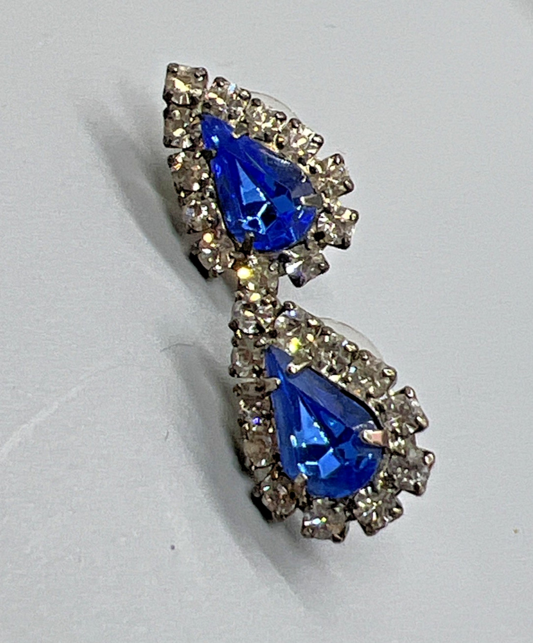 Vintage Teardrop Rhinestone Earrings Blue & Clear Crystal Accent Post Pierced El