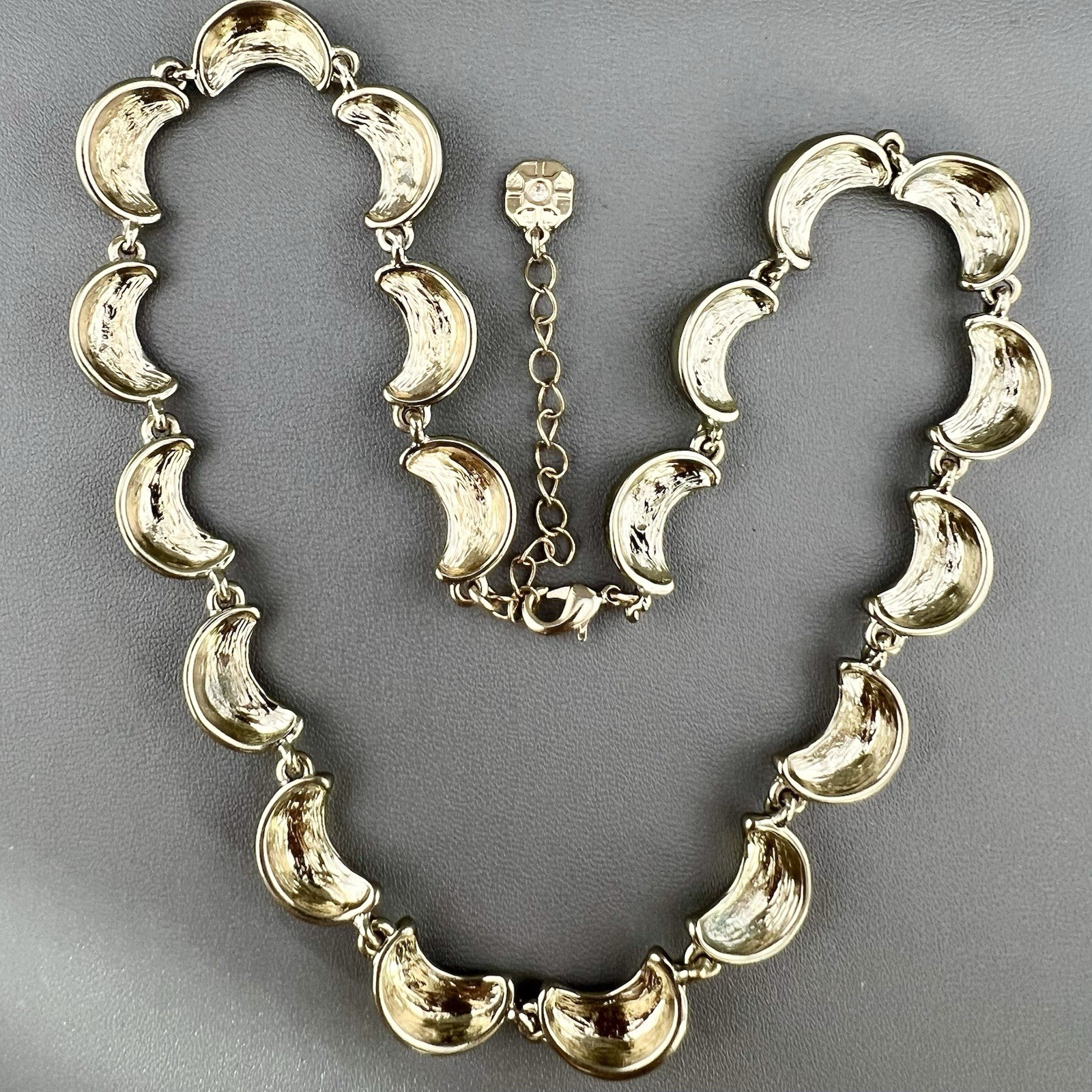 Monet Necklace Crescent Moon Wave Gold Tone Link Signed 16”